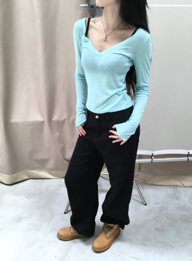 CYTEE TOP (áo ôm tay dài cổ V màu xanh ngọc lam cyan) 9