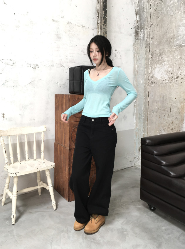 CYTEE TOP (áo ôm tay dài cổ V màu xanh ngọc lam cyan) 8