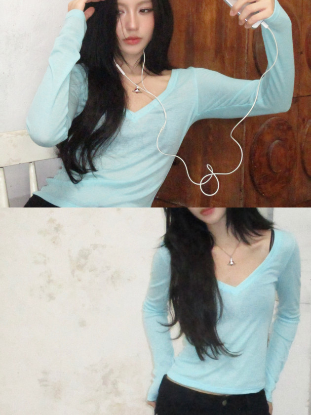 CYTEE TOP (áo ôm tay dài cổ V màu xanh ngọc lam cyan) 5