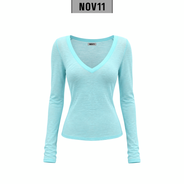 CYTEE TOP (áo ôm tay dài cổ V màu xanh ngọc lam cyan) 17