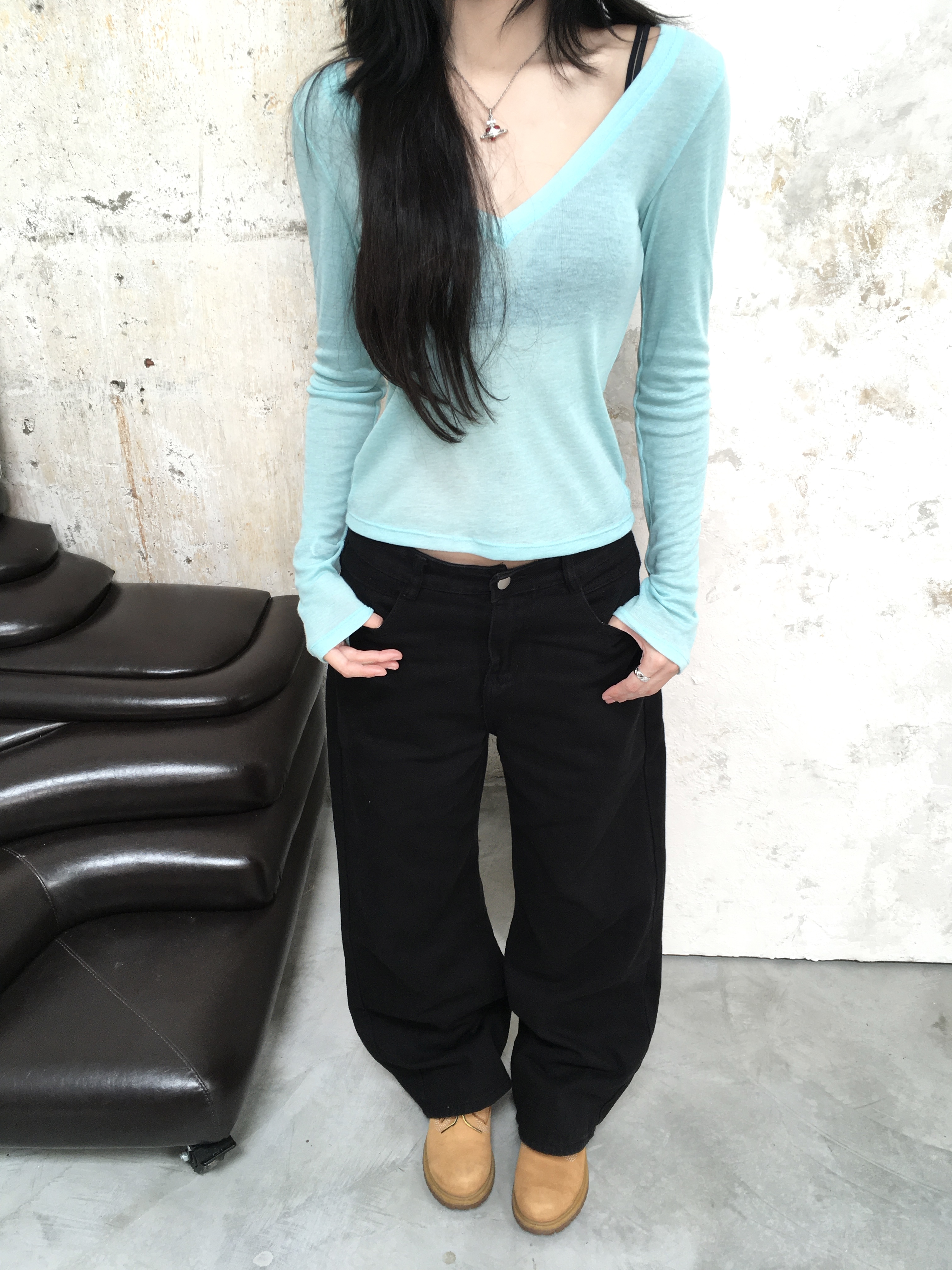 CYTEE TOP (áo ôm tay dài cổ V màu xanh ngọc lam cyan)